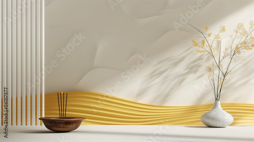 Zen composition mockup. Mindfulness Eastern style modern decoration. Buddhism meditation background. Spa copy space template banner Background wallpaper poster social media post. Generative Ai content