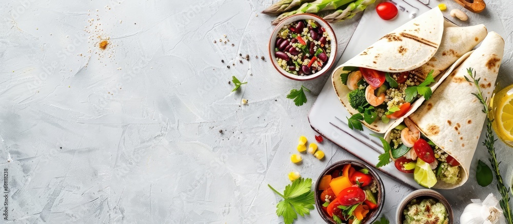 Vegan tortilla wraps with quinoa, asparagus, beans, vegetables and guacamole. Copy space image. Place for adding text or design Vegan tortilla wraps with quinoa, asparagus, beans, vegetables and guacamole. Copy space image. Place for adding text or design