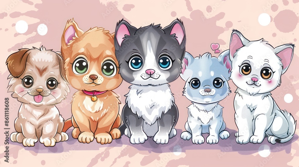 Fototapeta premium Five Adorable Cartoon Pets: Dog and Cat Friends
