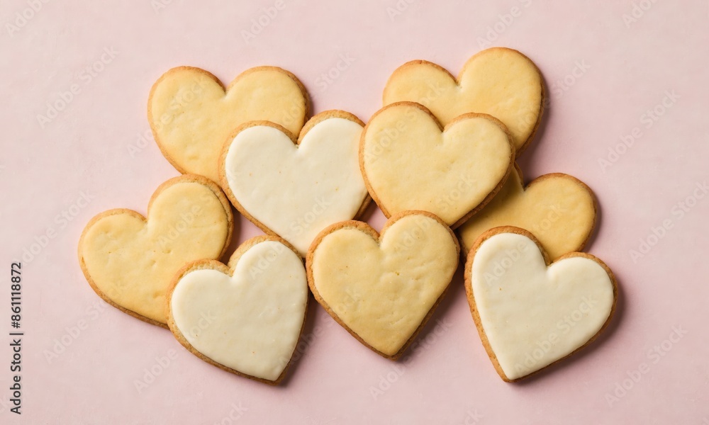 Obraz premium Heart shaped sugar cookies with white icing on pink background
