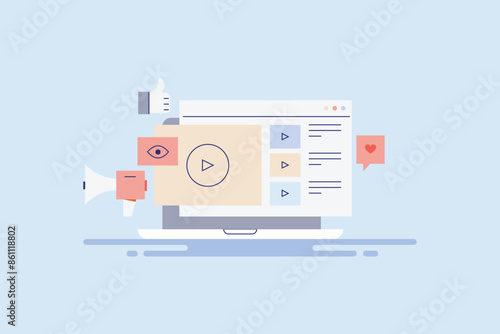 Brand promotion with video marketing strategy, social media digital business creative content publishing conceptual vector illustration.