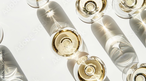 Sparkling wine or champagne glasses on white background with sharp shadows, top view. Modern, stylish color concept 