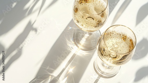 Sparkling wine or champagne glasses on white background with sharp shadows, top view. Modern, stylish color concept 