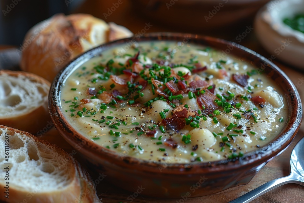A bowl of creamy clam chowder, garnished with crispy bacon bits and fresh chives, served with a slice of sourdough bread. A bowl of creamy clam chowder, garnished with crispy bacon bits and fresh chives, served with a slice of sourdough bread.