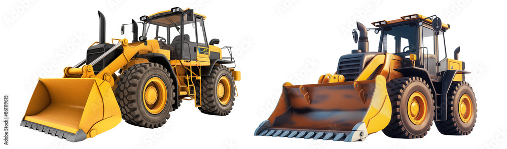 Yellow Tractors with Front-End Loader Buckets on White Background Yellow Tractors with Front-End Loader Buckets on White Background