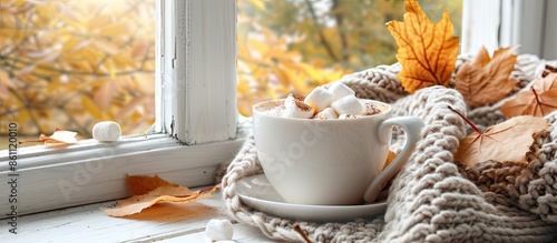 Fototapeta Naklejka Na Ścianę i Meble -  Autumn composition with hot chocolate with marshmallow. Aromatherapy on a grey fall morning, atmosphere of cosiness and relax. Wooden background, window sill, close up. Copy space image