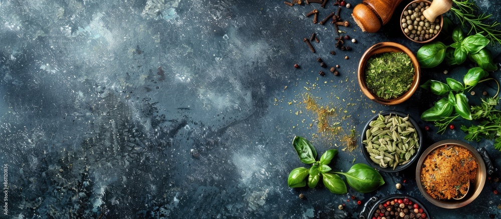Various herb and spices, top view. Copy space image. Place for adding text or design Various herb and spices, top view. Copy space image. Place for adding text or design