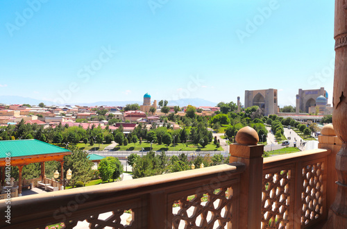 Aerial view of the historical center of of Samarkand with famous Bibi Khanum Mosque and Bibi Khanum mausoleum, Uzbekistan. Top view on old city from Hazrat Hizr Mosque (Hazrati Xizr Mosque) photo