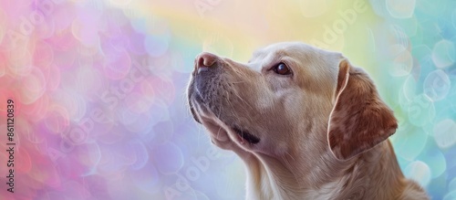 Dog and rainbow Rainbow bridge concept Close-up portrait of Labrador Retriever dog on rainbow background Rainbow Bridge Remembrance Day. Copy space image. Place for adding text or design photo