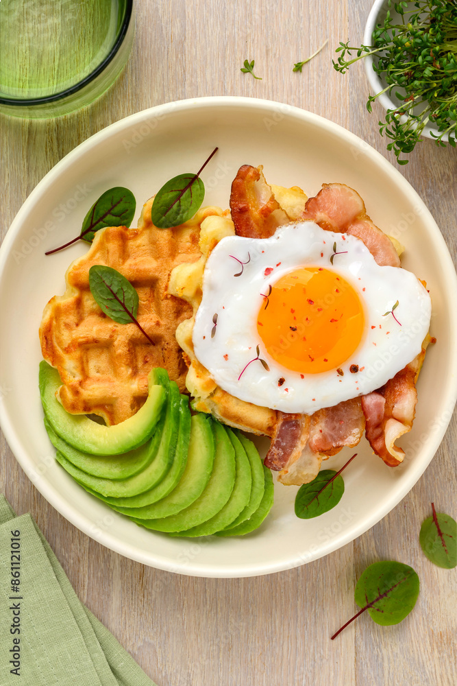 Cheese waffles, fried egg, bacon and avocado in a bowl. Balanced breakfast. Top view Cheese waffles, fried egg, bacon and avocado in a bowl. Balanced breakfast. Top view