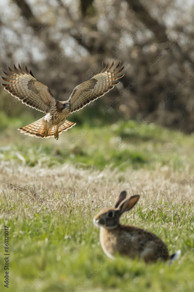 Obraz premium Red-tailed hawk flying over a wild rabbit in a meadow