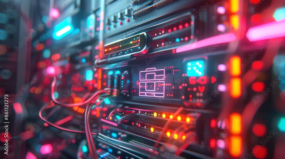 Naklejka premium photo illustration of server rack in a data center , security, networking, hacking. 16:9