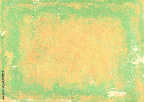 Bright colorful stains of green and yellow colors on retro paper texture. Splatter pattern on paper background. Horizontal or vertical backdrop with smeared paint © frenta
