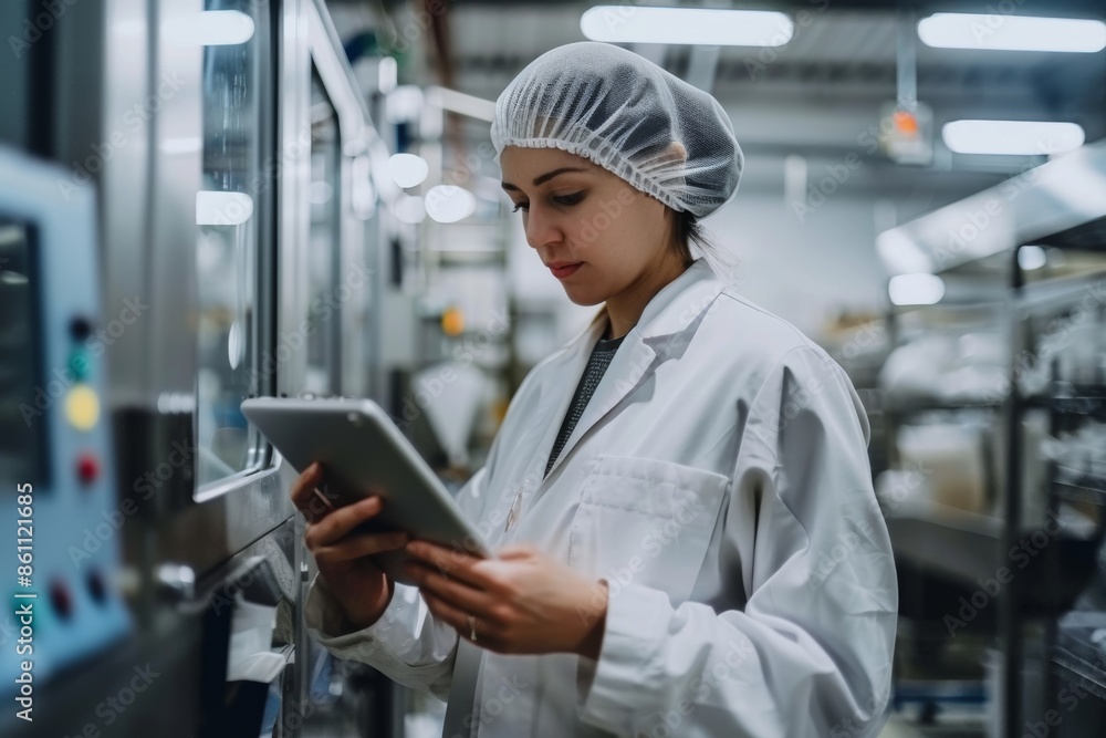 An attractive female worker using a tablet and checking the production line's efficiency. An attractive female worker using a tablet and checking the production line's efficiency.