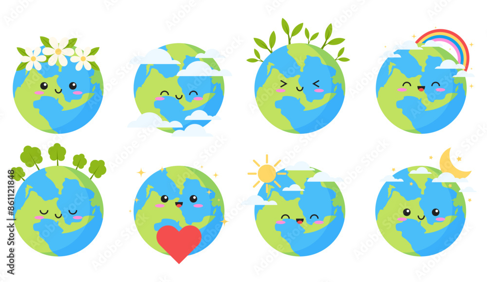 Set of happy planet earth emoji sticker decoration printable illustration Set of happy planet earth emoji sticker decoration printable illustration