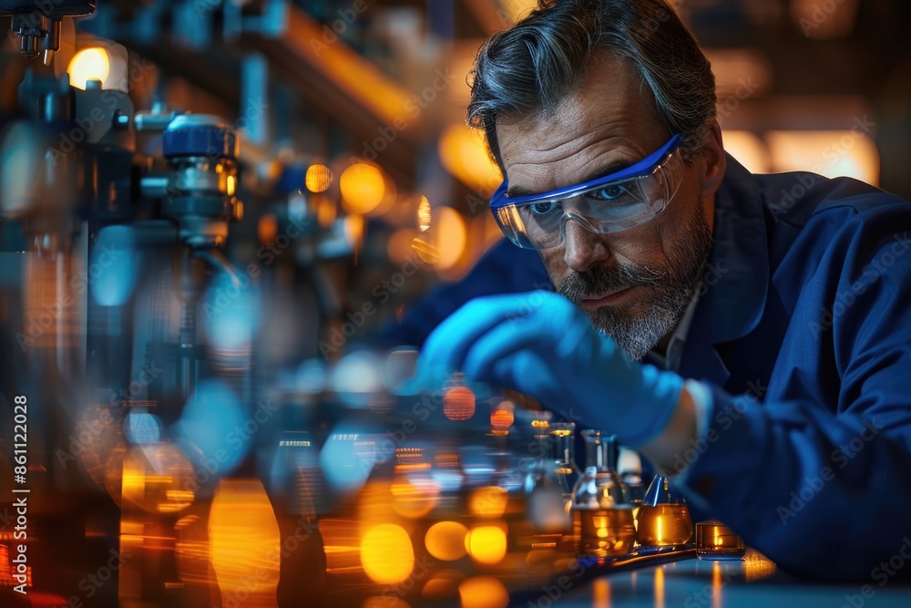 Focused Scientist in Laboratory Analyzing Chemical Samples with Advanced Equipment and Protective Gear Focused Scientist in Laboratory Analyzing Chemical Samples with Advanced Equipment and Protective Gear