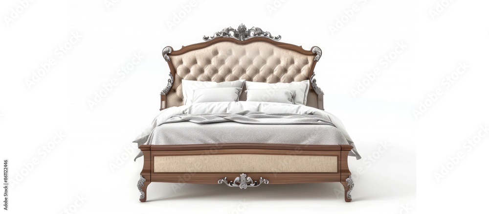 Classic double bed with big headboard isolated on white. Copy space image. Place for adding text and design Classic double bed with big headboard isolated on white. Copy space image. Place for adding text and design