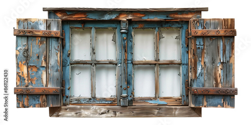 weathered wooden window with peeling blue paint and rusted hinges, showing patches of bare wood. Old wooden window