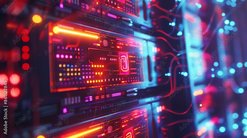 Obraz premium photo illustration of server rack in a data center , security, networking, hacking. 16:9