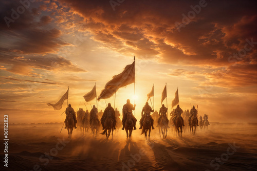 Valiant Riders Advancing Under Dramatic Sunset Sky, Honoring Imam Hussein's Sacrifice and Resistance