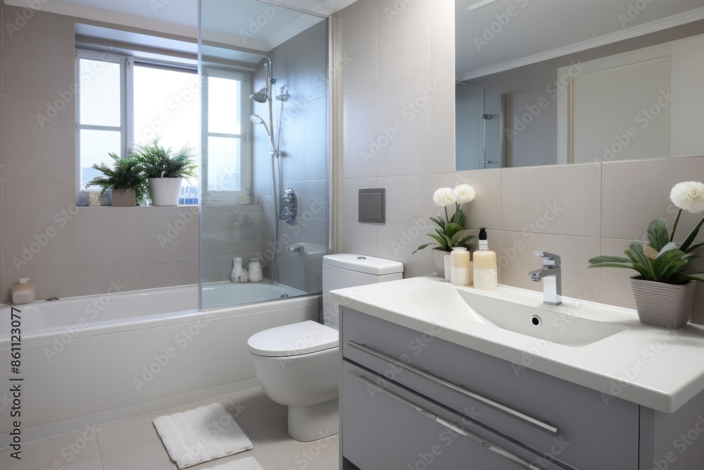 Modern Bathroom with Minimalist Design and Natural Lighting Featuring Indoor Plants Modern Bathroom with Minimalist Design and Natural Lighting Featuring Indoor Plants