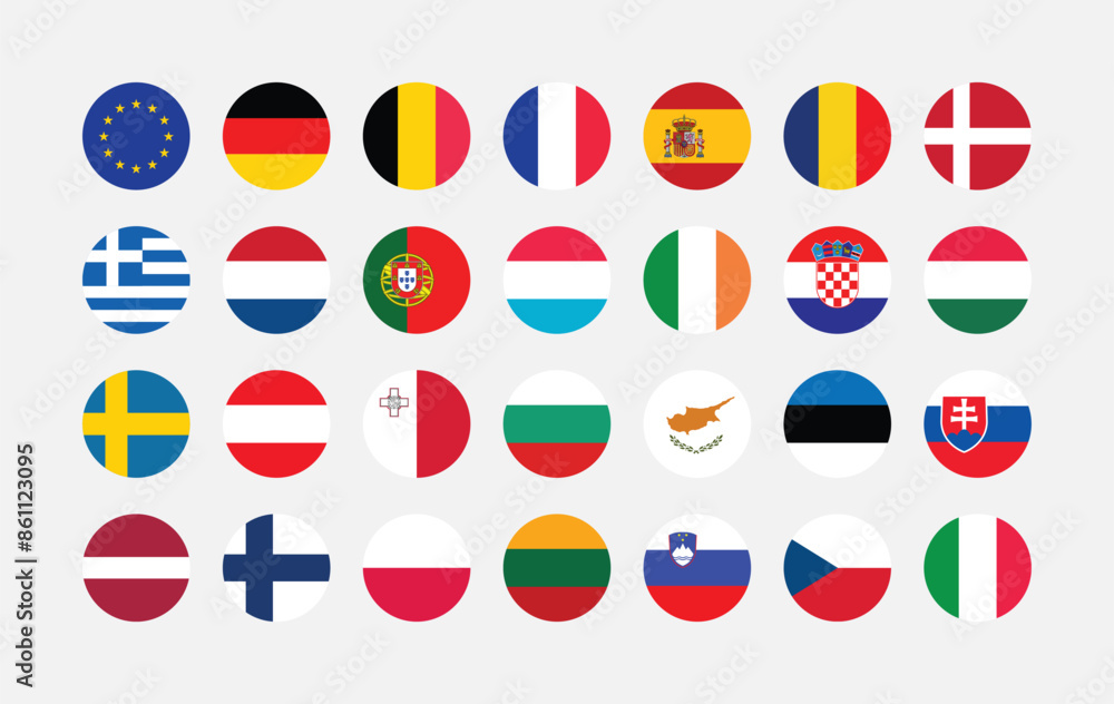 Fototapeta premium National Flag of All European Union countries. Set of European Union country Round Flag. 