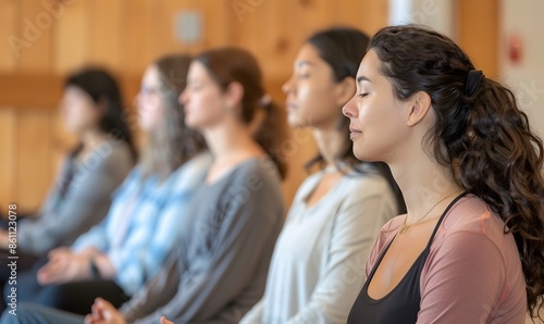 Group course session where participants practice breathing exercises with an instructor, Generative AI