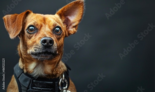 Cute Brown Dog with Big Ears and Collar Posing Against Dark Background © Boomanoid