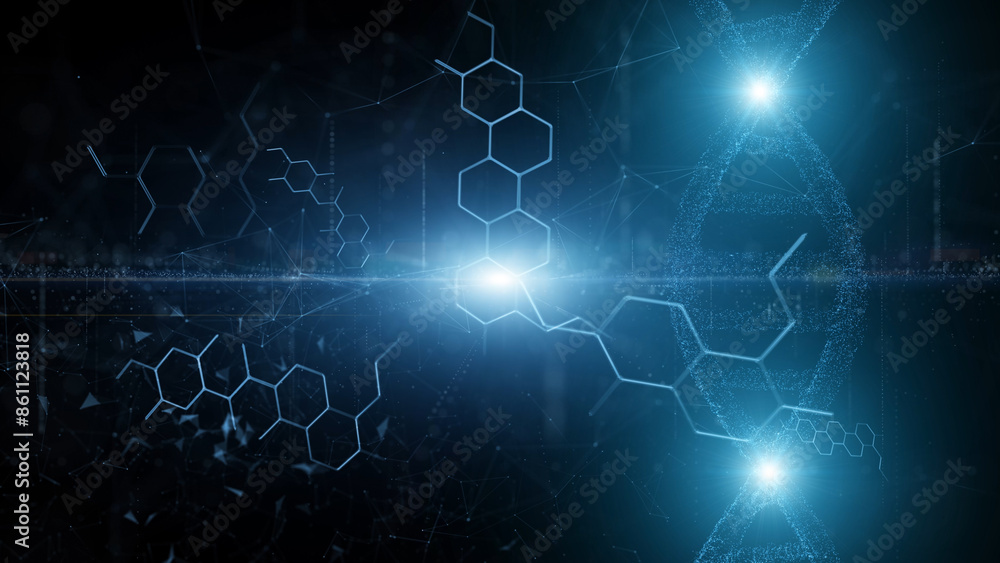 Obraz premium Shiny light and artistic dna chain with abstract chemical bonds illustration background. 