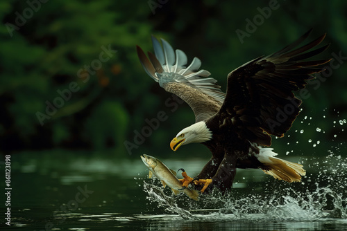 American bald eagle catching fish while flying low over water photo