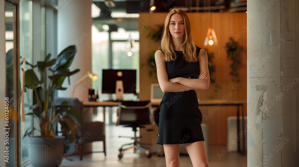 Confident businesswoman posing with crossed arms in modern office Confident businesswoman posing with crossed arms in modern office