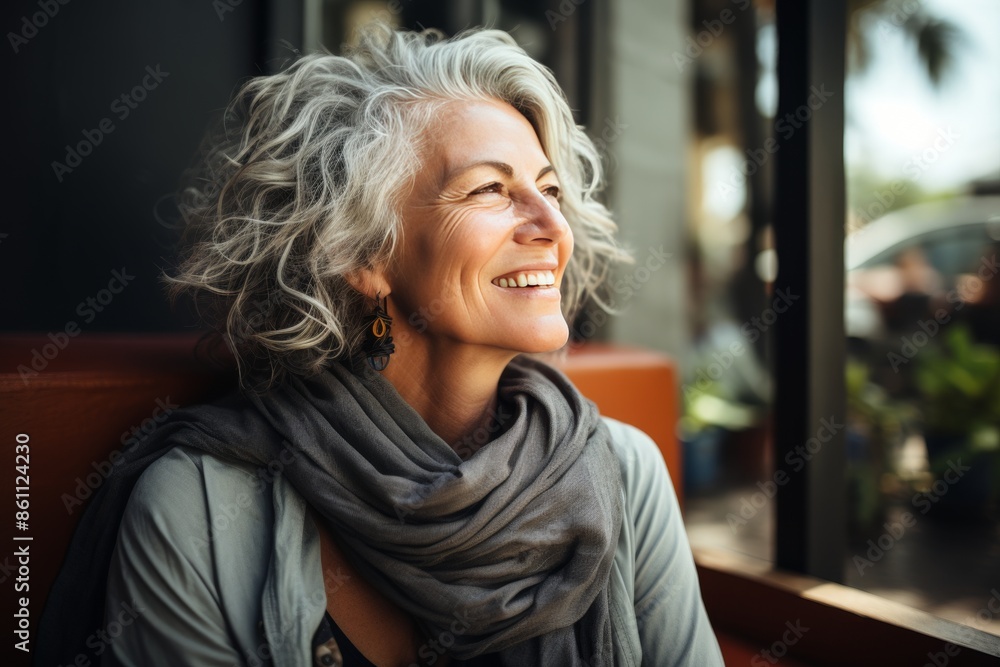 A modern middle-aged woman, cheerful and smiling, is relaxingon the terrace A modern middle-aged woman, cheerful and smiling, is relaxingon the terrace