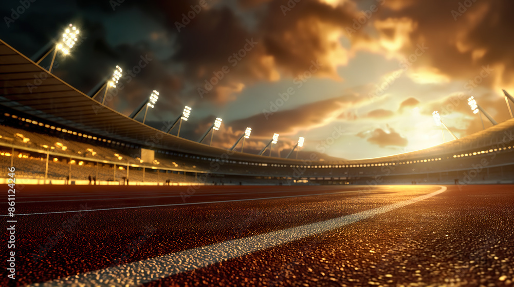Fototapeta premium Empty running track in a stadium at sunset with dramatic sky