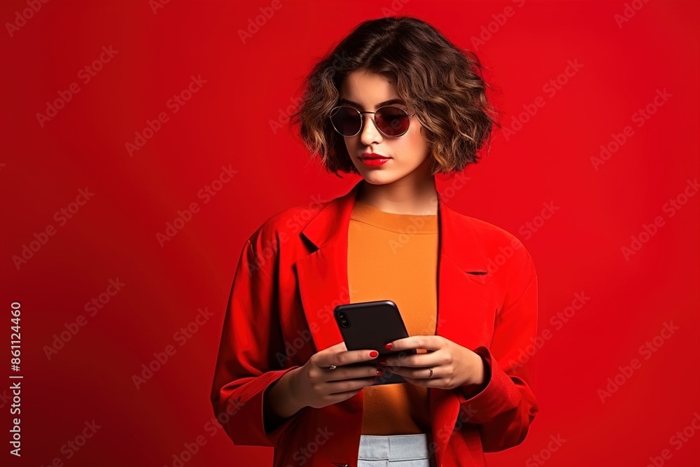 A woman in a red jacket is looking at her cell phone A woman in a red jacket is looking at her cell phone