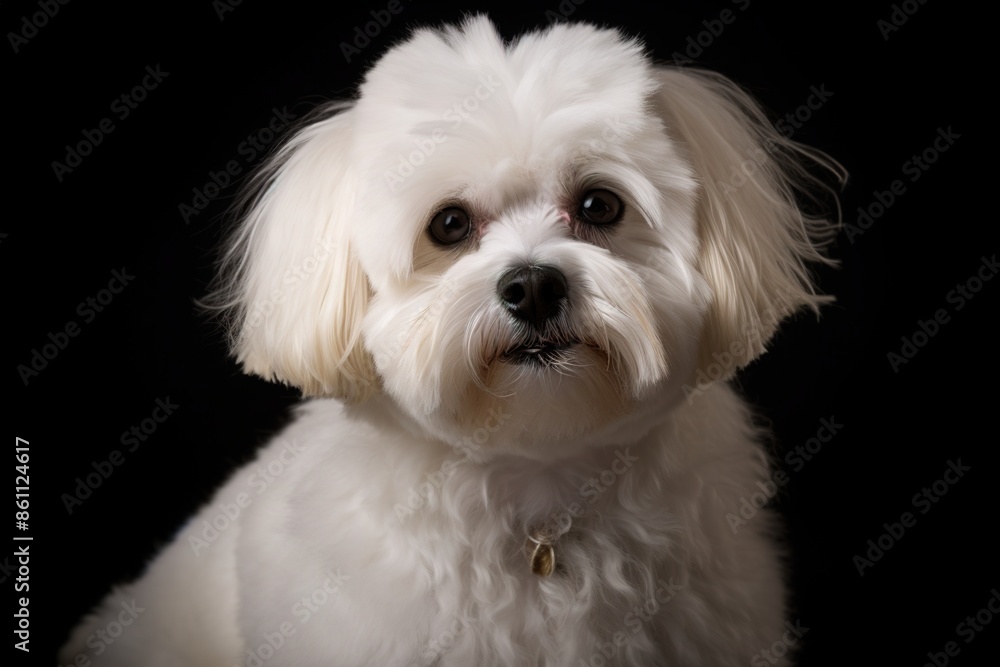 A white dog with a black nose and black eyes A white dog with a black nose and black eyes