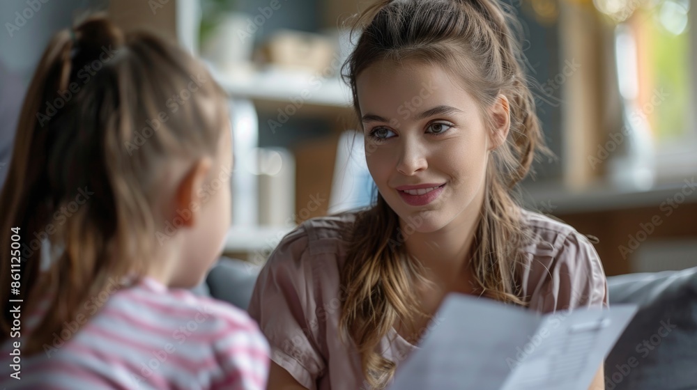 Obraz premium Mother Reading Letter with Daughter at Home Moments of Family Bonding and Communication