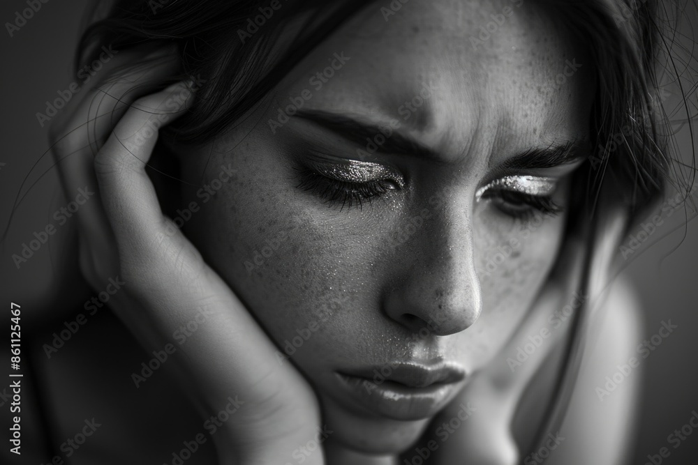 Closeup Portrait of a Young Woman in Deep Thought with Sparkling Eye Makeup in Black and White Closeup Portrait of a Young Woman in Deep Thought with Sparkling Eye Makeup in Black and White
