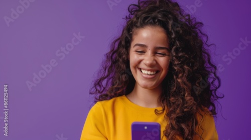 Happy Woman Texting on Smartphone Against Vibrant Background Generative AI