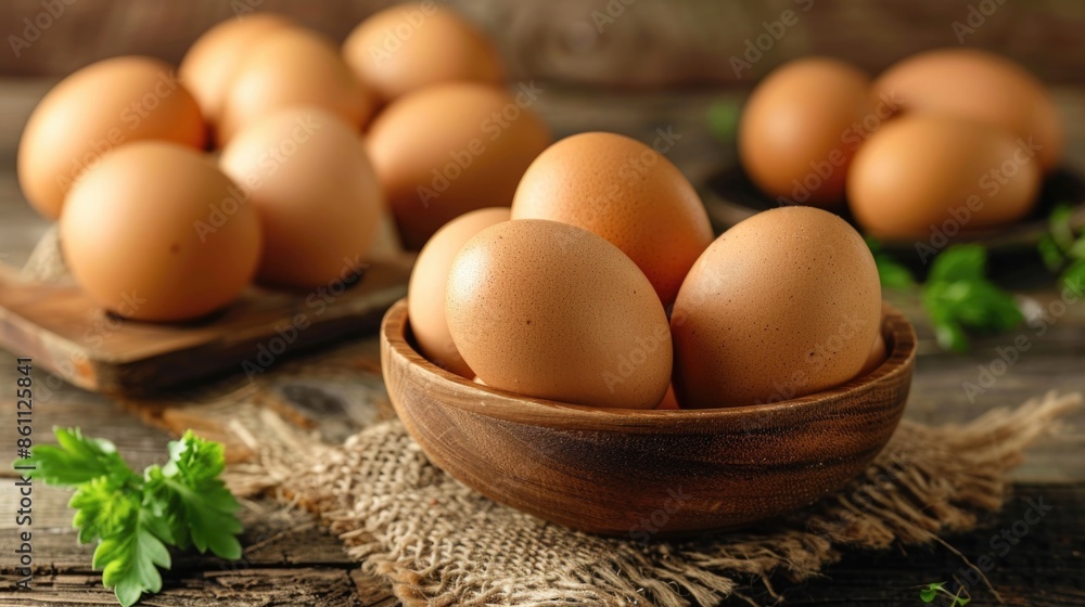 Fresh Brown Eggs in Wooden Bowl on Rustic Table with Fresh Herbs Fresh Brown Eggs in Wooden Bowl on Rustic Table with Fresh Herbs
