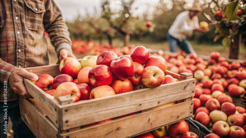 Farmer holding a box of fresh apples in the garden, autumn harvest season Farmer holding a box of fresh apples in the garden, autumn harvest season