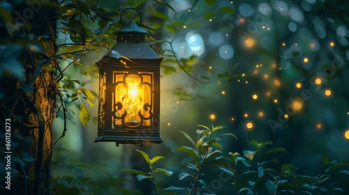 Whimsical Lantern in Enchanted Forest Scene Generative AI photo