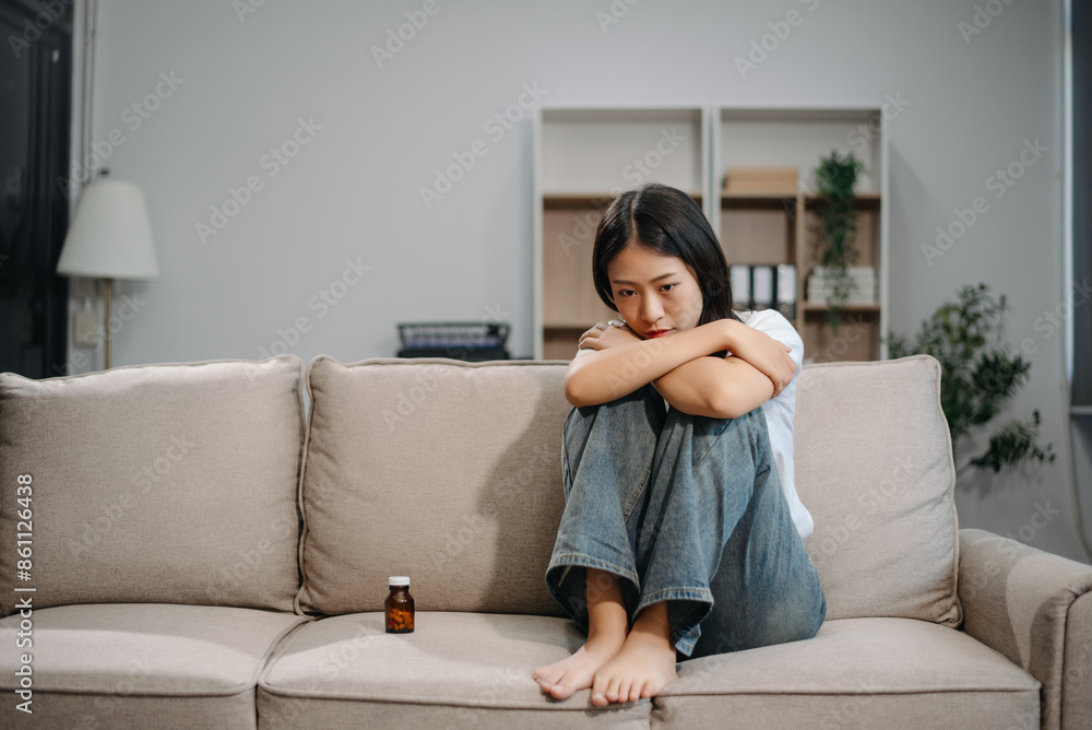 Asian woman suffering from flu symptoms, covered with a blanket on a sofa. Concept of illness, healthcare, and recovery. Asian woman suffering from flu symptoms, covered with a blanket on a sofa. Concept of illness, healthcare, and recovery.