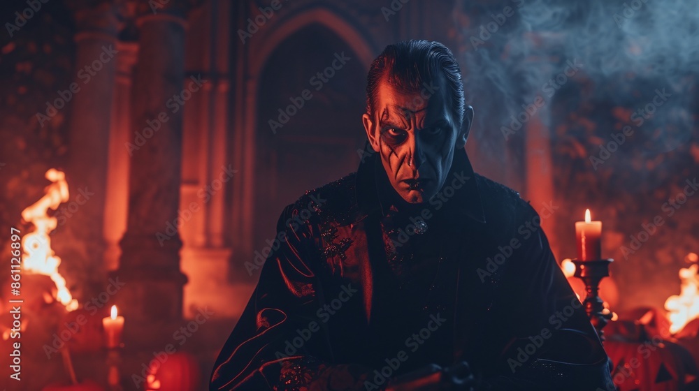 Dark Haunted Halloween Scene with Sinister Character Dark Haunted Halloween Scene with Sinister Character