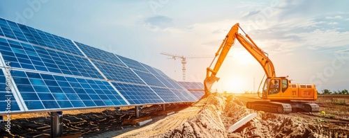 Excavator working on solar farm construction site at sunset, showcasing renewable energy development and green technology.