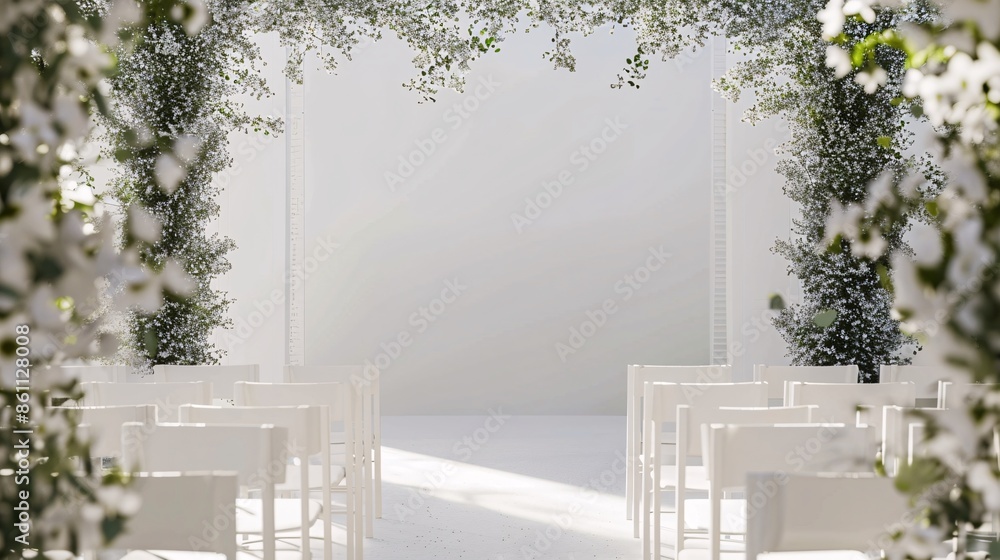 Outdoor wedding ceremony setup with white chairs and floral arch Outdoor wedding ceremony setup with white chairs and floral arch