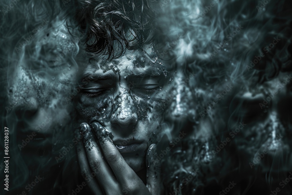 Surreal Portrait of a Boy with Multiple Reflections and Mysterious Fog