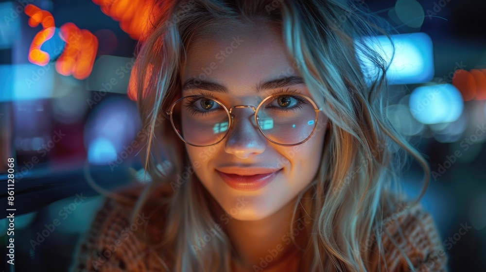 Young Woman Smiling in Trendy Glasses with Vibrant Nighttime Neon Lights Background Young Woman Smiling in Trendy Glasses with Vibrant Nighttime Neon Lights Background