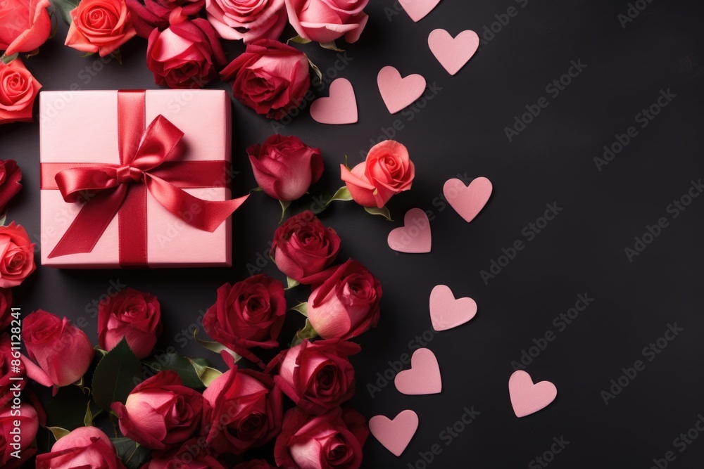Romantic Gift Box with Red Roses and Pink Hearts on Black Background for Valentine's Day Romantic Gift Box with Red Roses and Pink Hearts on Black Background for Valentine's Day