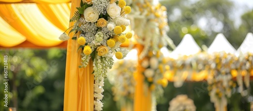Indian wedding mandap decor yellow and white flowers. Copy space image. Place for adding text and design