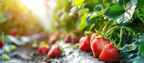 Cultivation of strawberry fruits using the plasticulture method, plants growing on plastic mulch in walk-in greenhouse polyethylene tunnels. Copy space image. Place for adding text or design photo